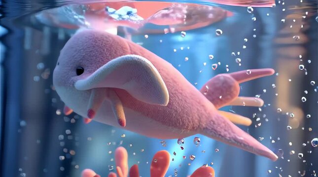 A cute stingray swimming underwater in a plush toy style, soft fabric texture, rounded edges, friendly expression, surrounded by simple coral elements in doll style