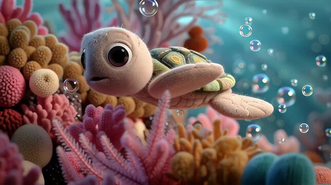 A cute sea turtle swimming peacefully in an underwater world made entirely of plush dolls, the turtle has a soft fabric texture with stitched patterns on its shell