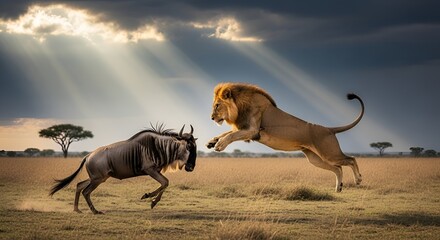 Fototapeta premium A lion jumps through the air to catch a wildebeest in a dramatic savannah scene with sun rays shining through the clouds.
