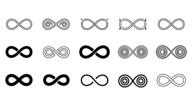 A diverse collection of stylized infinity symbols, embodying concepts of endlessness, eternity, and limitless possibilities through various graphic designs