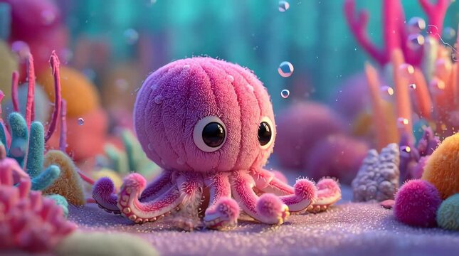 A cute octopus in plush doll style swimming in an underwater world, with soft fabric texture, rounded tentacles, and visible stitching details