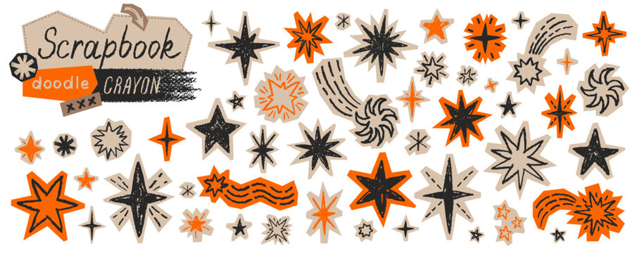Star crayon collage. Hand drawn star sticker background. Sketch collage scrapbook pattern with crayon pastel texture. Doodle pastel shape. Line brush marker pencil element icon bg. Cute illustration