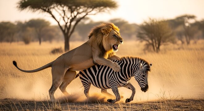 A lion attacks and chases a zebra in a savannah during sunset