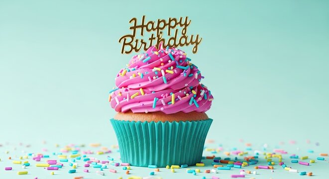 Pink frosted cupcake with colorful sprinkles and happy birthday topper on blue background with scattered candy