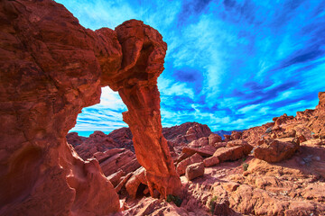 Elephant Rock Red Sandstone Arch Under Vibrant Blue Sky Valley of Fire Nevada