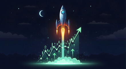 Naklejka premium A rocket launching into the night sky with a graph in the background