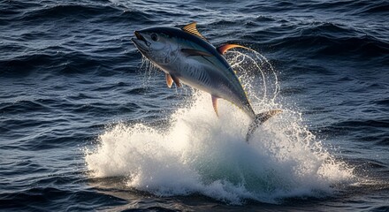 Fototapeta premium A tuna fish jumping out of the ocean water with a splash