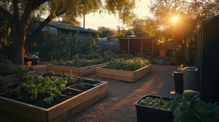Fototapeta premium Urban raised garden beds brimming with vegetables in golden hour light