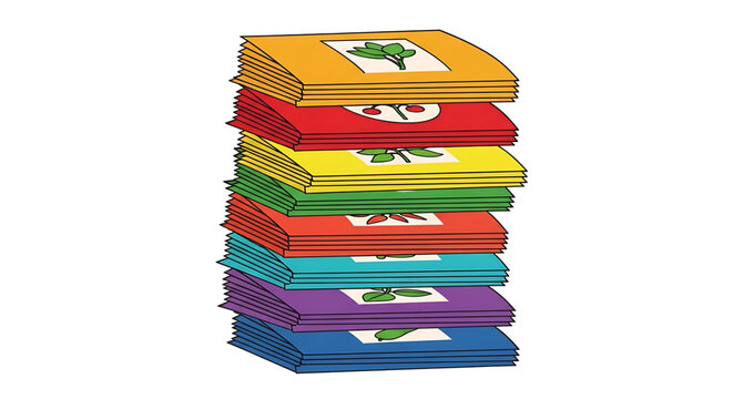 A colorful stack of educational flashcards with green leaves on white squares, used for learning and teaching in a classroom setting.