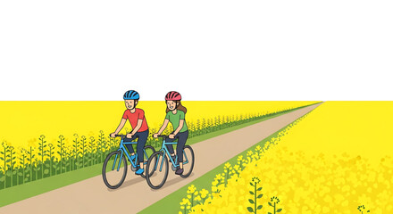Fototapeta premium A colorful vector illustration of two cyclists riding on a path through a vibrant yellow field
