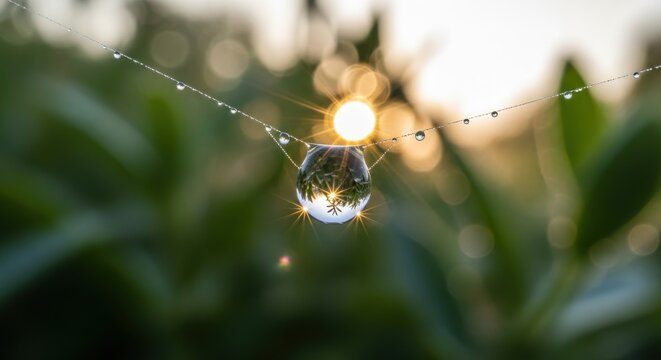 A single dewdrop refracting sunlight on a spiderweb, showcasing intricate natural patterns and vibrant bokeh.