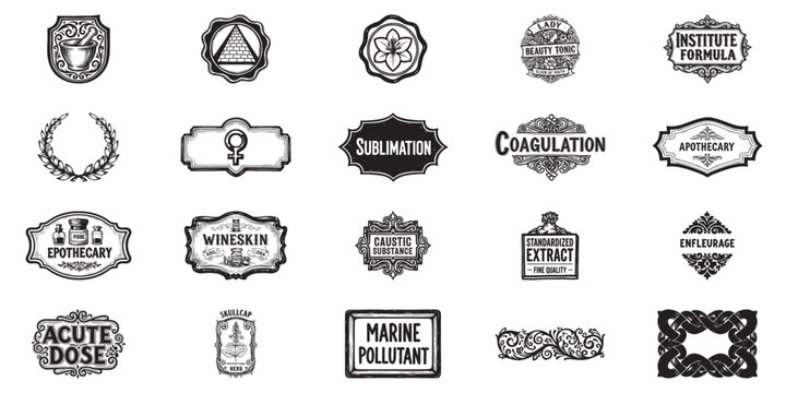 Ornamental apothecary labels and decorative botanical frames with vintage typography graphics