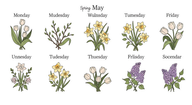 A colorful vector graphic illustration of flowers representing the days of the week in May