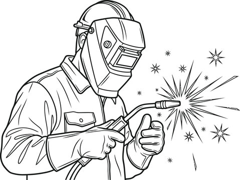 Man wearing a welding mask and holding a welding torch actively