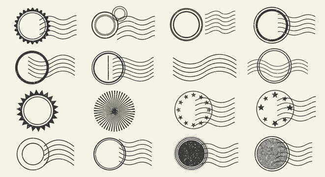 Variety of vintage postal stamp cancellation marks, intricately designed circles with wavy lines, perfect for graphic assets, mail communication themes, and historical design projects