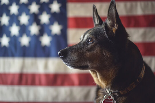 Loyal dog with American flag backdrop symbolizing patriotism, service, freedom, loyalty and national pride in a powerful, symbolic portrait composition.