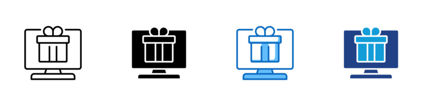 Digital Gift Multiple Style Icon Design Vector - Monitor with gift box representing online rewards, ecommerce promotion, and digital product distribution