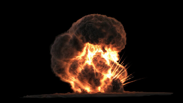 Dramatic explosion with a large billowing plume of dense black smoke and intense orange flames on a black background
