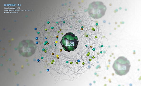 Atom of Lanthanum with detailed Core and its 57 Electrons on white with Atoms in background