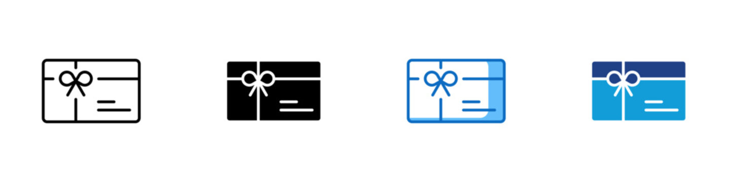 Gift Card Multiple Style Icon Design Vector - Gift card with ribbon representing prepaid purchase, retail voucher, and customer reward system