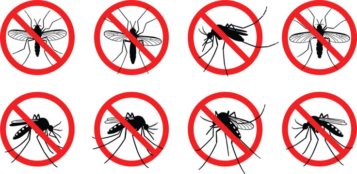 No insect sign set vector illustration featuring crossed out mosquito fly and bug symbols pest control prohibition icons isolated on white background design elements