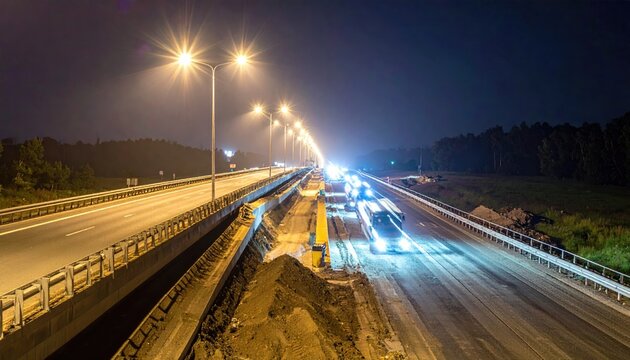 Long exposure of a highway at night with streetlights illuminating the road during ongoing construction and vehicles moving on the other side