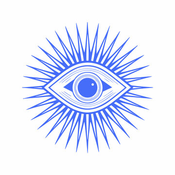 A bright blue eye with radiating lines resembling a sun or cosmic symbol