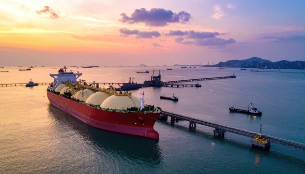 LNG carrier ship docked at gas terminal during sunset with a tranquil sea and distant cityscape under an orange sky
