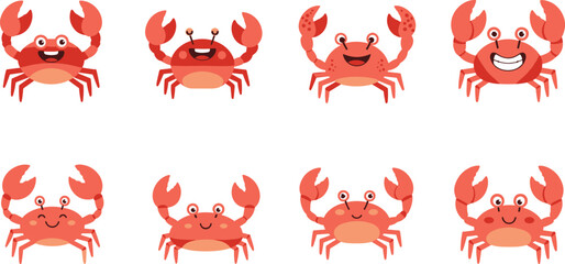 Cute crab cartoon character set vector illustration featuring adorable crabs with different expressions and poses marine animal collection isolated on white background design elements © Aminul