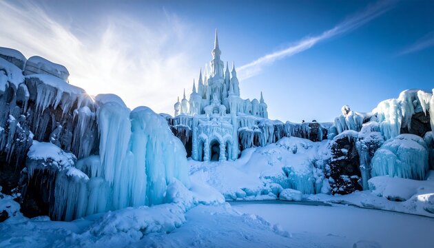 Frozen Castle in Winter Wonderland Landscape.