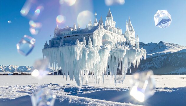 Frozen Castle in Winter Wonderland with Ice Crystals and Icicles.