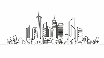 Fototapeta premium Continuous one line drawing of a modern city skyline with skyscrapers and suburban houses on white background, concept for urban planning, real estate development and architectural design