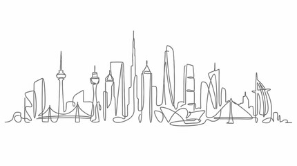 Obraz premium Minimalist continuous one line drawing of world city skyline with skyscrapers and famous landmarks on white background, concept for architectural design, business center and urban development