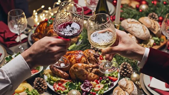 Festive Christmas Dinner Table With Roasted Chickens, Wine Toast, and Holiday Decorations