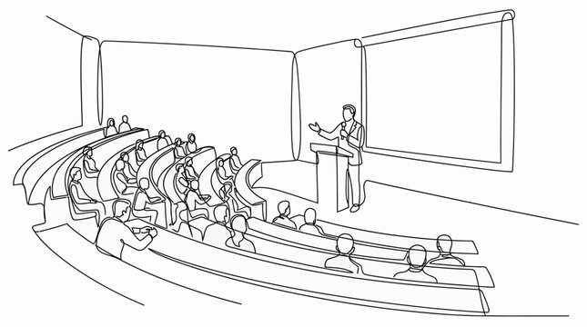 Professional CEO executive giving speech on podium to large audience in auditorium lecture hall continuous line drawing, concept for business leadership, corporate summit and educational conference