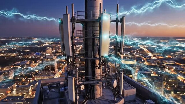 Cell tower with antennas on a rooftop overlooking a city at sunset with lightning