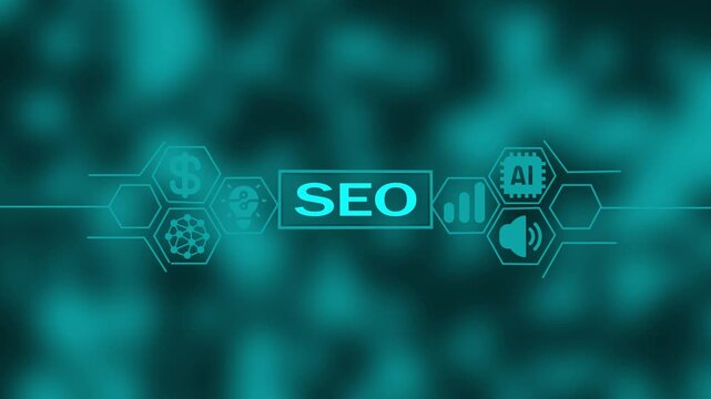 Digital marketing concept with SEM acronym and for search engine optimization artificial intelligence finance and analytics on a blurred teal background