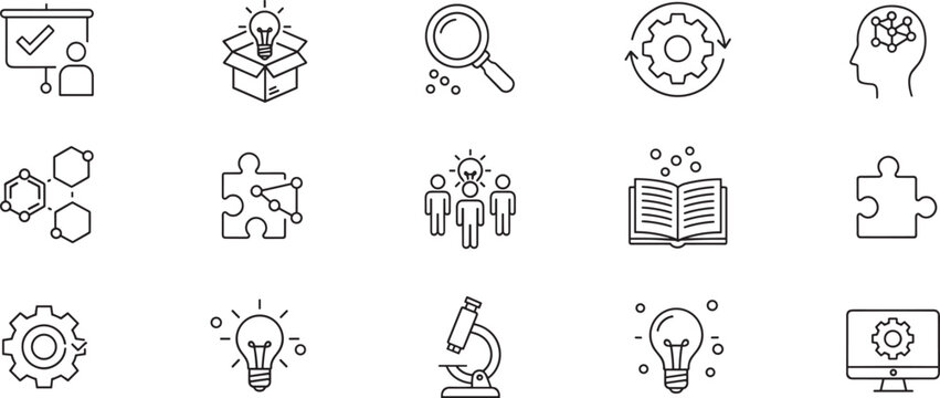 Education and innovation line icon set with learning, research, idea, teamwork concepts, modern outline vector illustration collection design