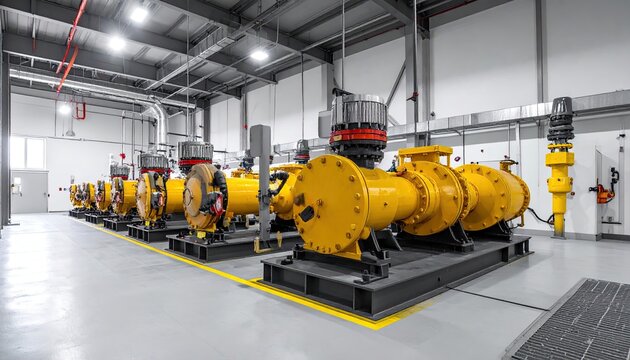 Row of yellow industrial pumps and pipeline machinery in a modern plant for water treatment and distribution with metal ceiling