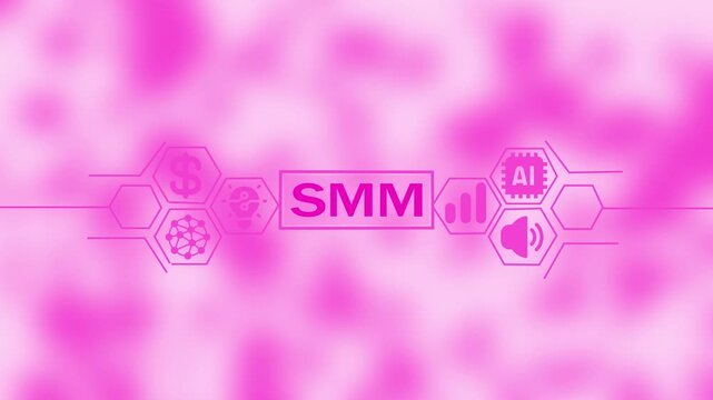 Pink digital interface with SM acronym and a large M overlay, featuring for finance AI analytics and sound against a blurred pink bokeh background