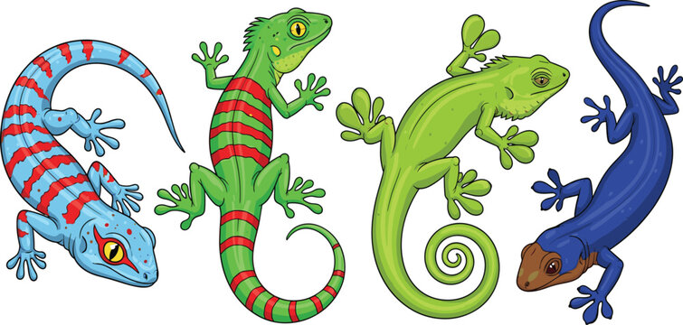 Colorful gecko lizard cartoon set vector illustration featuring vibrant tropical reptiles in different poses exotic animal collection isolated on white background design elements