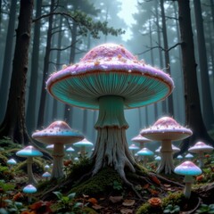 Fototapeta premium Ethereal Mushroom Forest: A Surreal Dreamscape with Glowing Fungi, Ancient Trees, and Mystical Hues in a Primordial Setting