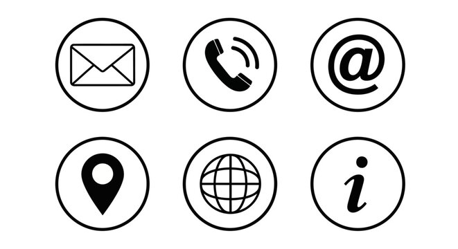 Essential vector icon set for modern communication and business contact information. Collection includes symbols for email, phone, location, website, and general inquiry, ideal for web design 