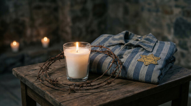 Holocaust remembrance featuring candle, barbed wire, and uniform