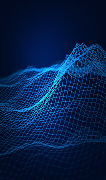 Abstract cyber ai background digital design with wireframe landscape grid line. 3D mountain and futuristic technology topographic big data concept. 
