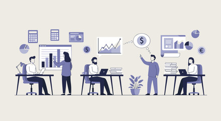 Flat minimalist illustration of company finance department workflow b © Artbibun