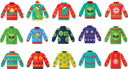 Collection of ugly Christmas sweaters with festive patterns flat vector illustration holiday knitwear designs with snowflakes reindeer aliens and ornaments © jafrine