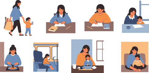 Fototapeta premium Mother and child daily life activities flat vector illustration set parenting routine scenes cooking learning traveling and caring family moments