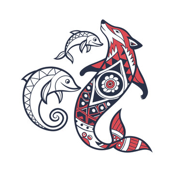 Tribal wolf, fish, and seahorse vector icons, red black white