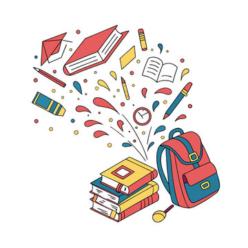 Colorful school supplies, books, and backpack vector, education icons, learning elements, academic symbols